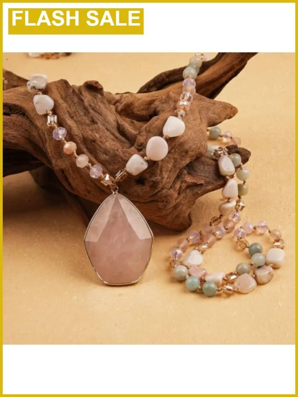 Boho Long Beaded Necklace Natural Stone Crystal Pendant 31.5in